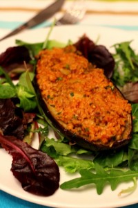 » Aubergines farcies aux herbes merguez et boulgour