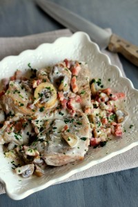 Épaule de veau à la crème, échalotes, champignons et lardons